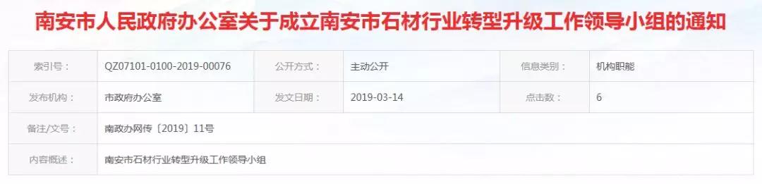 福建南安市石材行業(yè)轉(zhuǎn)型升級(jí)工作領(lǐng)導(dǎo)小組名單公布