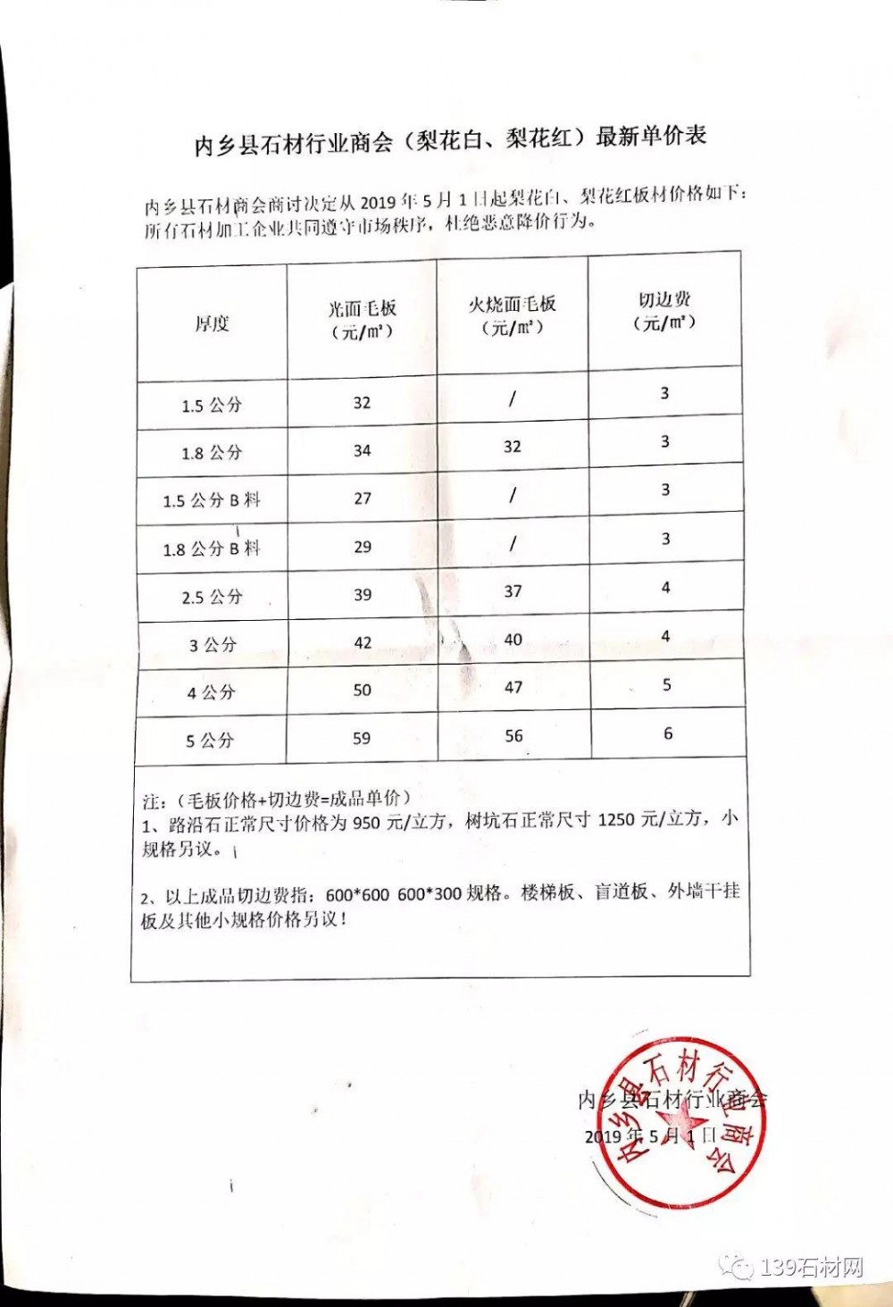 內(nèi)鄉(xiāng)石材（梨花白、梨花紅）價格表