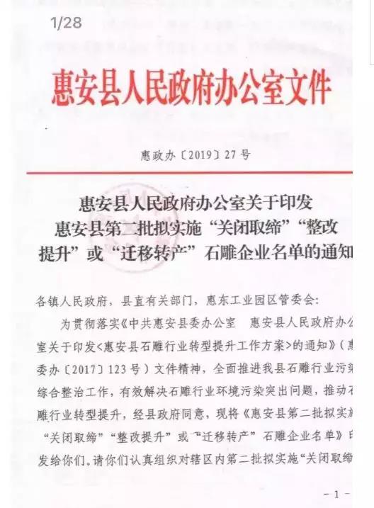 7月31日前，惠安第二批擬實施“整改提升”類石雕企業(yè)需完成整改